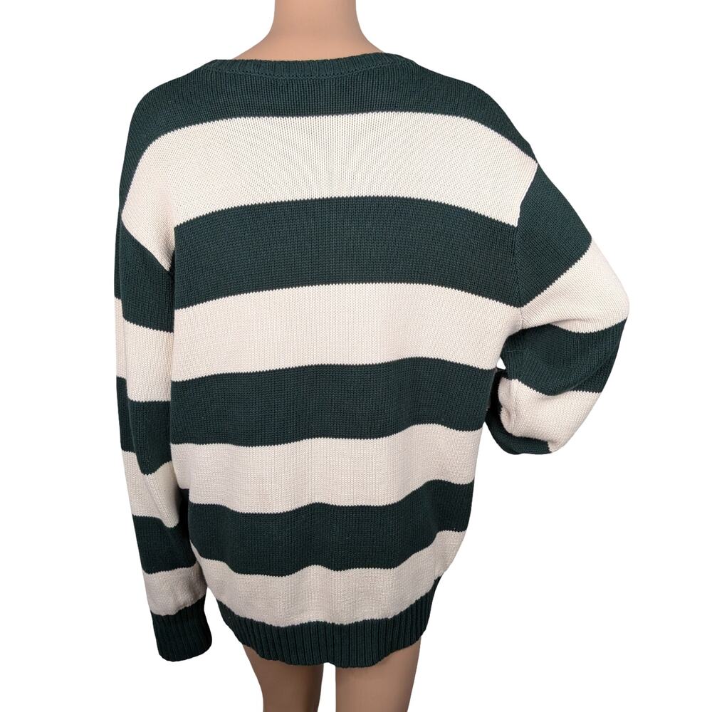 John Galt Brianna Forest Green Ivory Chunky Stripe Coastal Preppy Sweater SZ L - Picture 7 of 9